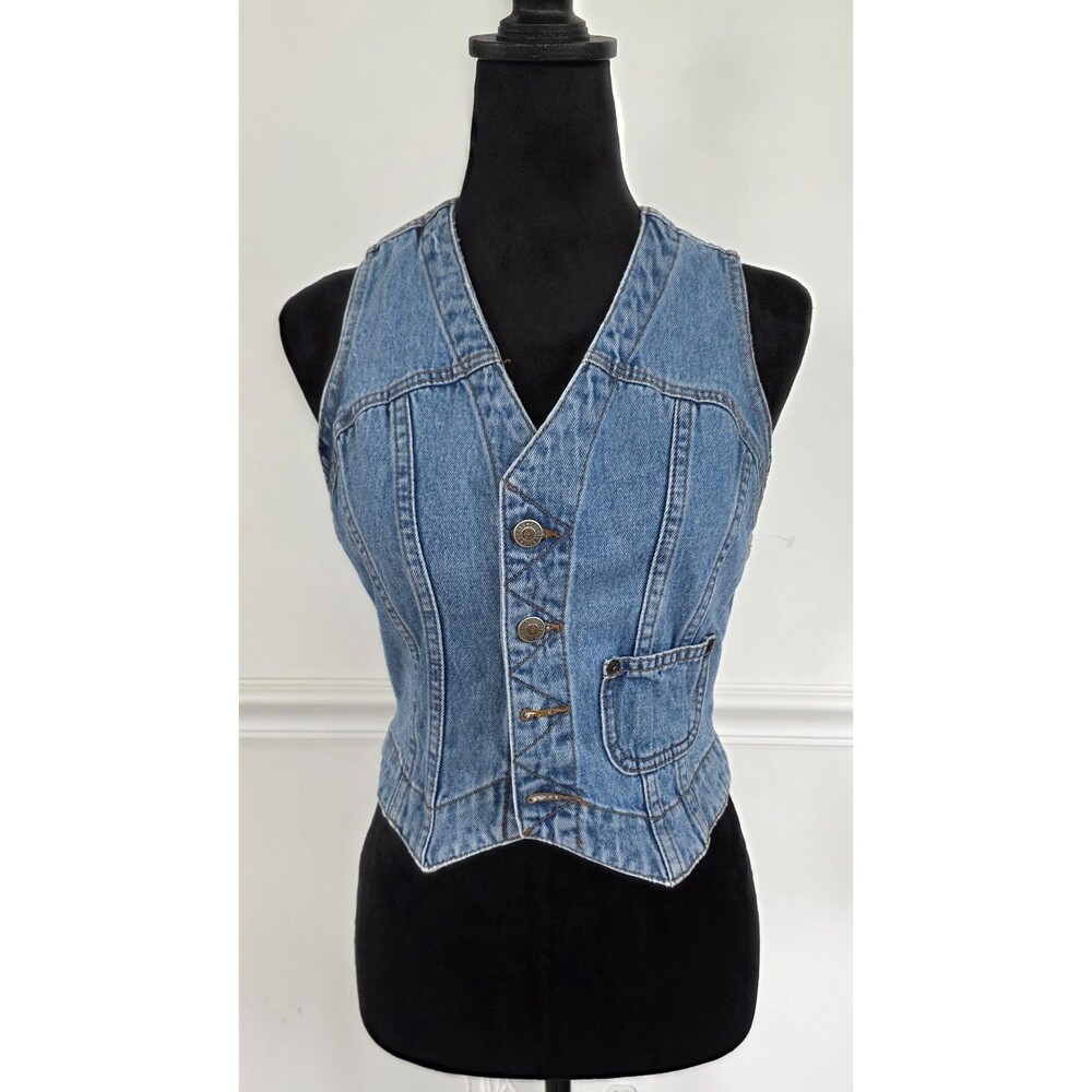 County Seat Women's Denim Vest Size S Blue Fitted Button Front 100% Cotton USA